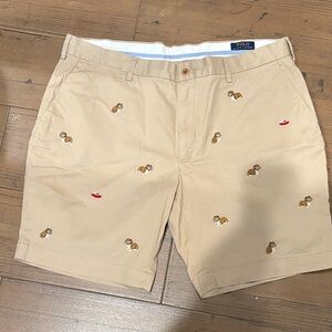 Polo by Ralph Lauren Tan Bulldog Embroidered Chino Shorts with Red Lip Accent
